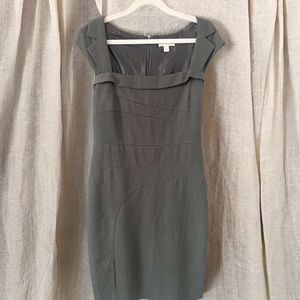Grey, Square Neck, New York & Company Sheath Dress. asymmetrical pattern